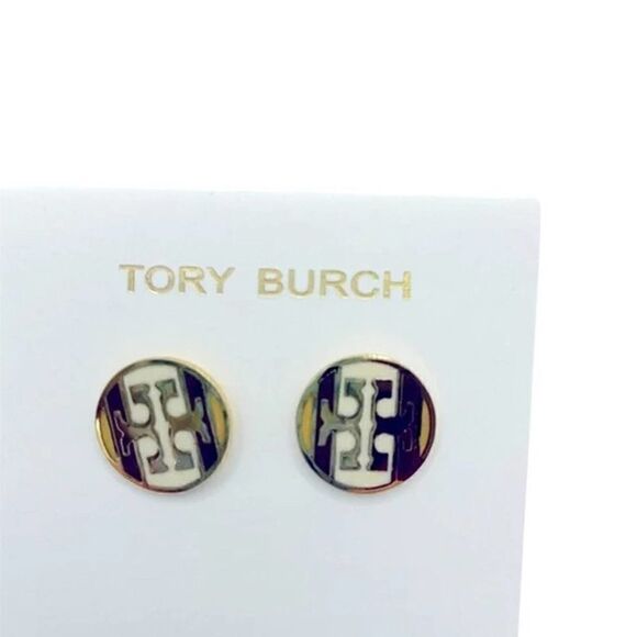 NWOT Tory Burch Gold Logo, Black & White Enamel Round Stud Earrings - Picture 5 of 5